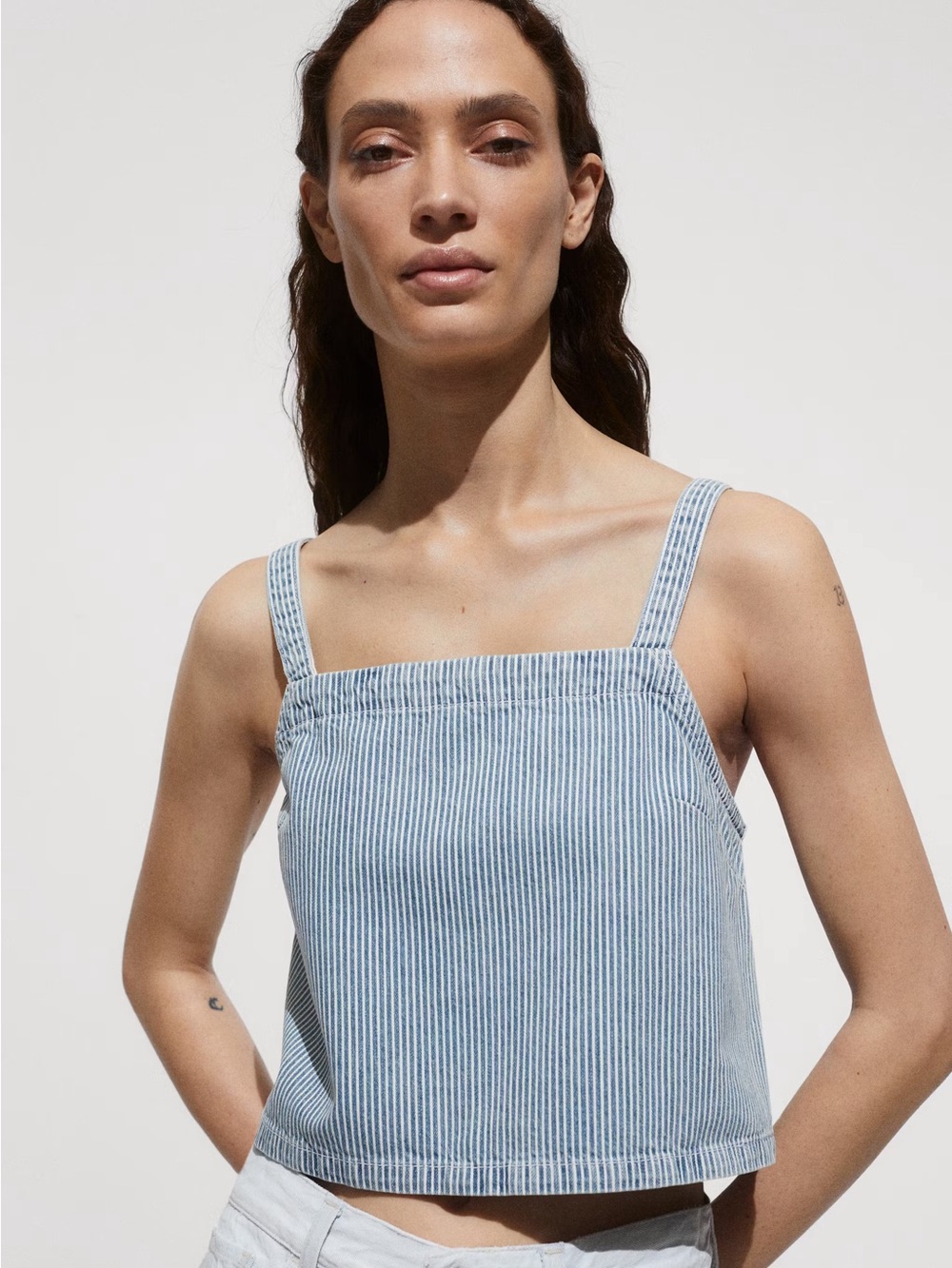 Mango Ibiza Stripe Denim Crop Top Blue Size M